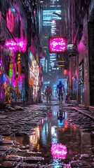 Fototapeta premium Cyberpunk city alley neon reflections and silhouettes, futuristic urban scene