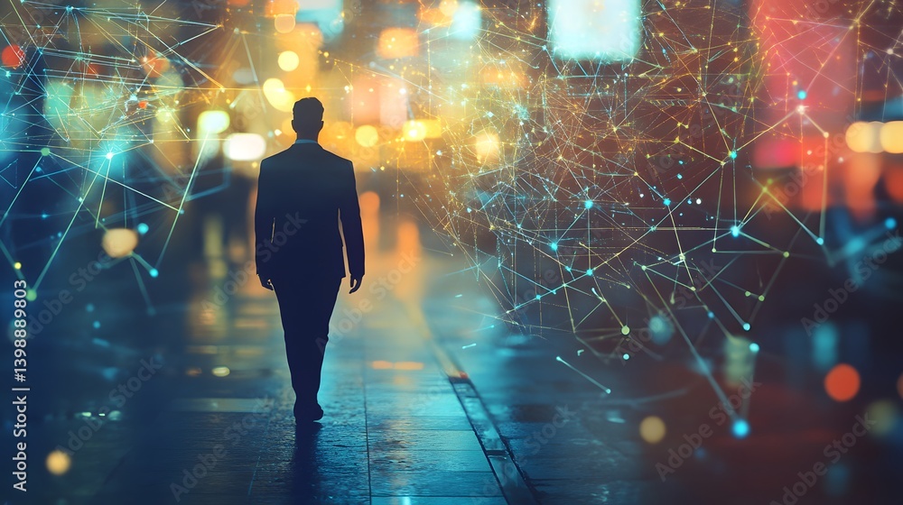 Poster a person walking into a network of glowing connections, symbolizing innovation and progress. this im