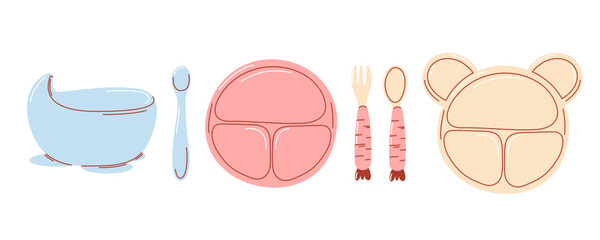 Set of baby silicone dining items for first feeding. Plate with suction cups, thermo spoon and fork for little girl and boy. Top and side view. Cutlery for kid, children. Isolated white background.