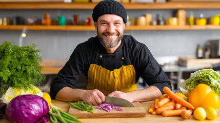 Fototapeta premium Cheerful chef skillfully chopping fresh vegetables in a vibrant kitchen, surrounded by colorful produce and culinary ingredients ready for preparation