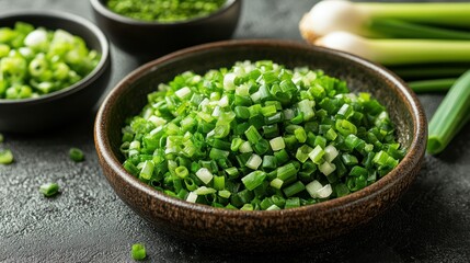 Freshly chopped green onions in a bowl.  Small, diced pieces.  Ready for use in cooking