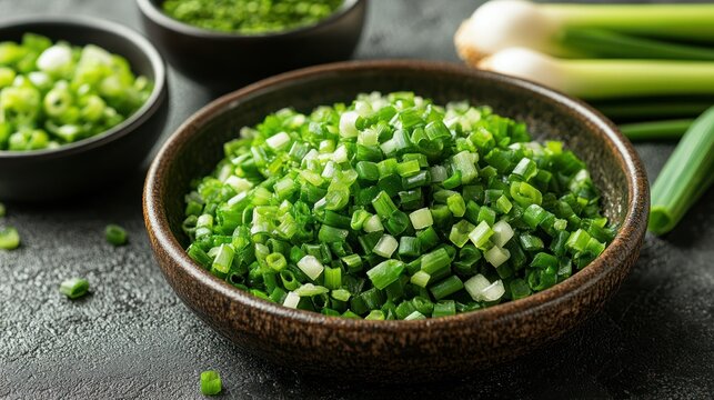 Freshly chopped green onions in a bowl. Small, diced pieces. Ready for use in cooking - Powered by Adobe
