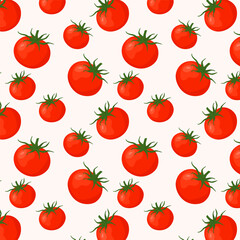 Seamless Pattern with Tomato. Ripe juicy red tomato on a white background. Vector background with fresh vegetables. For printing on paper, packaging, web and surfaces.