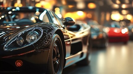 Black sports car shining under showroom lights