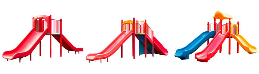 Set of colorful playground structure with slides, climbing areas PNG