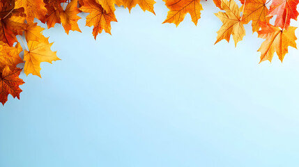 Autumn Leaves Border On Light Blue Background