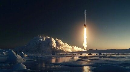 Rocket launching from arctic base at sunset with stars in the sky