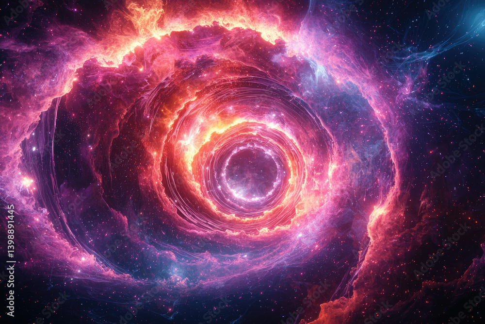 Poster a swirling cosmic vortex of vibrant nebulae and fiery colors, creating a mesmerizing celestial spect