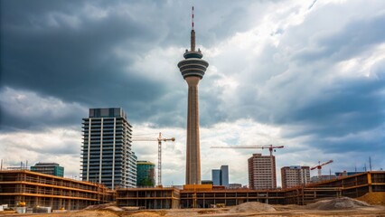 Obraz premium cityscape concept Urban construction scene with a tower and buildings under cloudy skies.