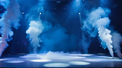Dramatic stage setting with swirling smoke illuminated by bright blue spotlights, creating a mesmerizing theatrical atmosphere for performance.