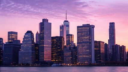 Fototapeta premium cityscape concept City skyline at sunset with vibrant colors and reflections on water.