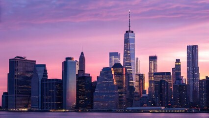 Naklejka premium cityscape concept City skyline at sunset with vibrant purple and pink hues.