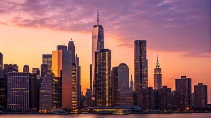 Naklejka premium cityscape concept City skyline at sunset with skyscrapers and colorful sky.