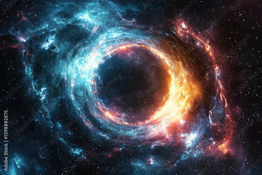 Poster a mesmerizing cosmic swirl of vibrant blue and fiery orange nebulae, creating a captivating celestia