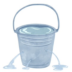 小さい穴から複数水漏れしているブリキのバケツ　水彩風手描きイラスト