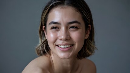 Young woman with medium-toned skin smiling gently against a soft gray background.