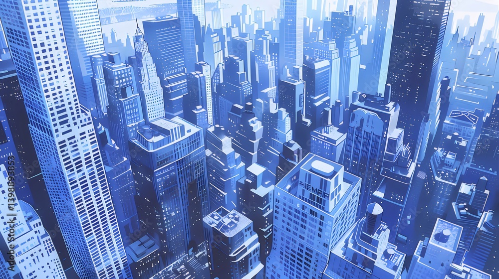 Poster high angle view of pixelated cityscape with blue tones building structures illuminated with bright l