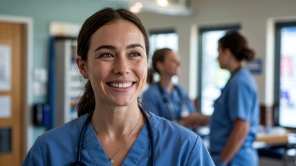 Obraz premium Smiling female healthcare professional in scrubs, embodying warmth and compassion in a clinical setting.