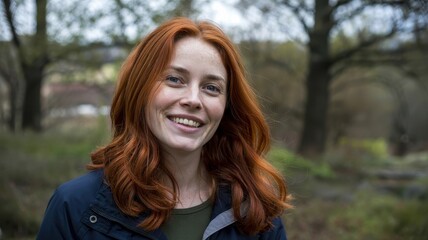 Fototapeta premium Smiling red-haired woman in a casual navy jacket, enjoying a serene natural setting.