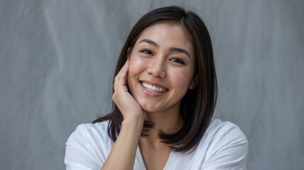 Smiling Asian woman with shoulder-length hair, radiating joy in a soft, serene setting.