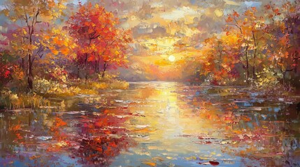Autumn sunset lake reflection impressionistic fall landscape