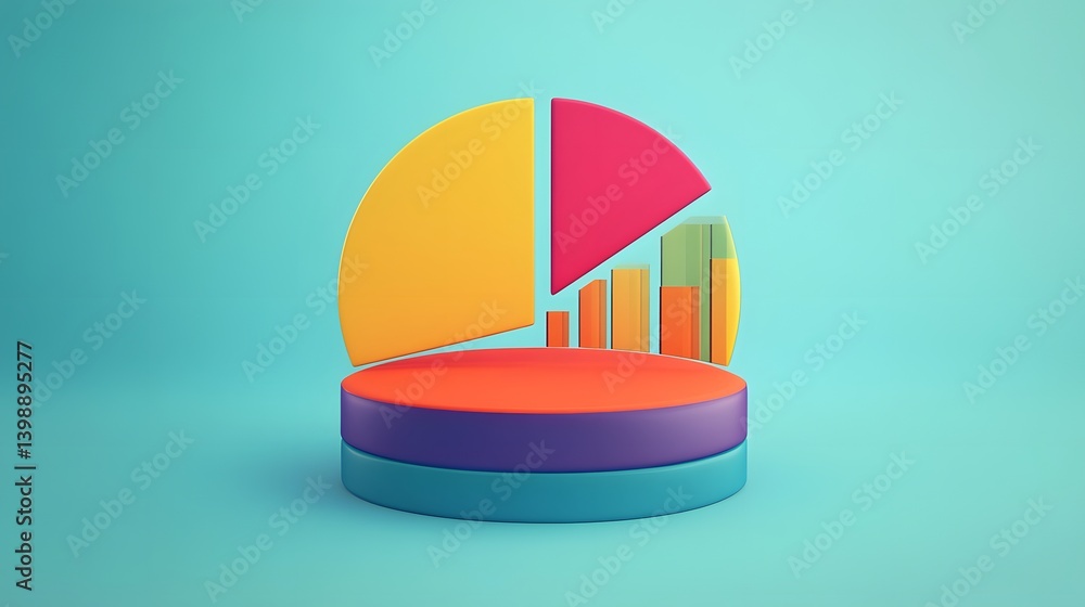 Poster colorful 3d pie chart and bar graph on a platform