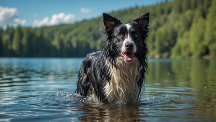 Happy Border Collie Swimming in a Lake