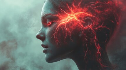 A side profile of a woman with electrifying veins radiating from her forehead, signifying manifestation of inner energy and thought.