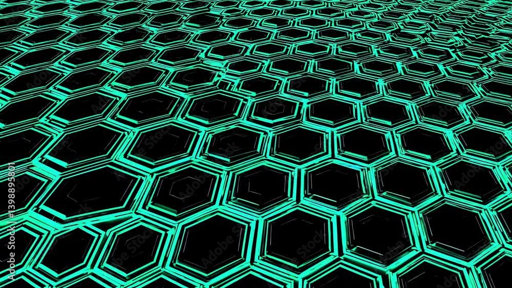 Poster futuristic video concept with glowing hexagonal grid pattern. low-angle shot emphasizes depth and en