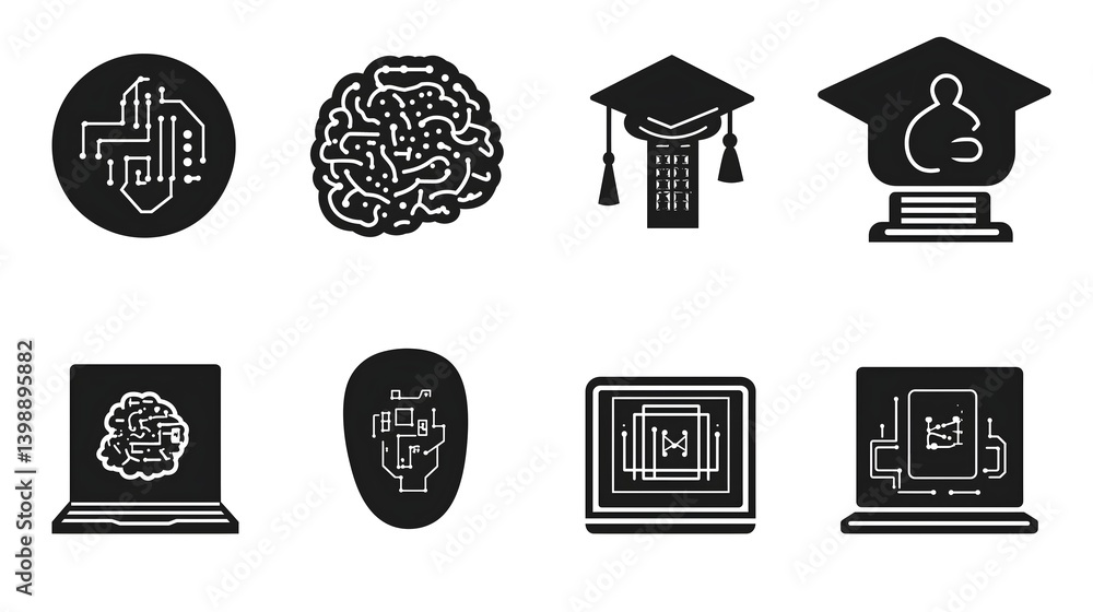 Poster digital brain and learning icons: a captivating collection of icons representing the synergy between