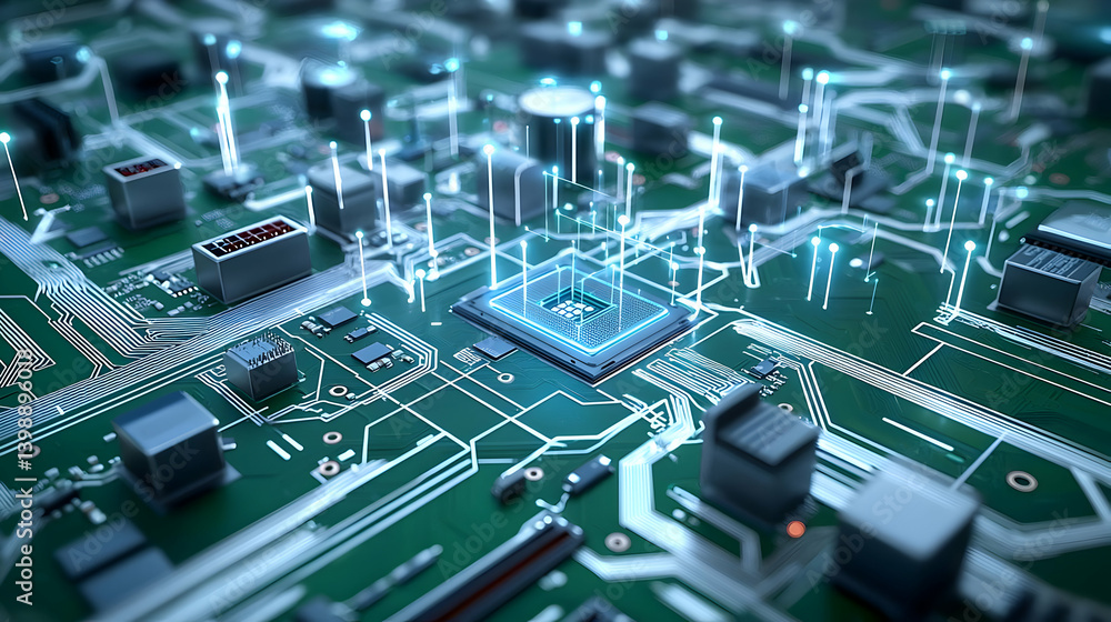 Poster high-tech circuit board with illuminated microchip