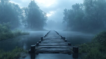 Obraz premium Foggy Forest Pathway Leading to Serenity A Wooden Bridge Over Calm Waters in a Misty Landscape
