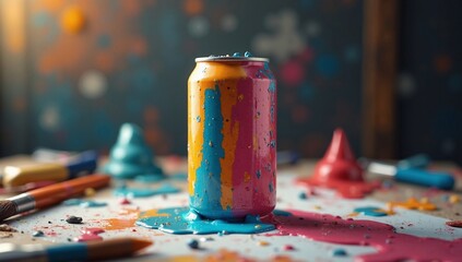Surreal photo of a soda can disguised as a paint tube on a messy table..