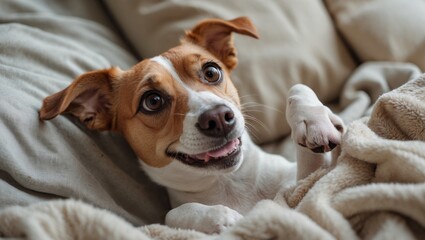 Obraz premium Adorable Dog Snuggling Under a Cozy Blanket