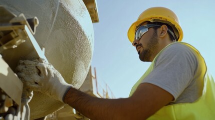 A Hispanic construction worker checking a cement mixer at a construction site. Featuring care and precision