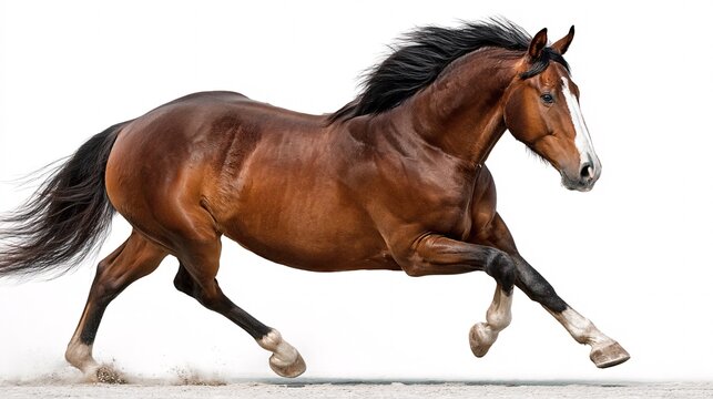 Majestic Gallop: A powerful brown horse, muscles rippling with energy, races across a field. Capturing speed and elegance.