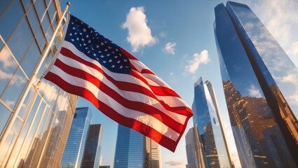 American Flag Waving High Above Skyscrapers