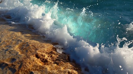 Obraz premium Dramatic turquoise ocean wave crashing on rocky shoreline with foam and spray