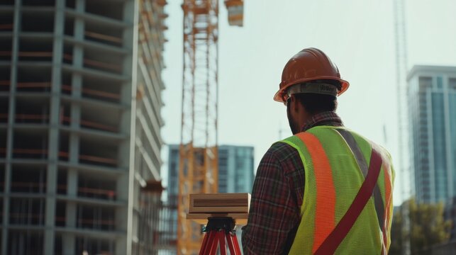 A Hispanic construction worker checking measurements on a construction site. Featuring precision and focus