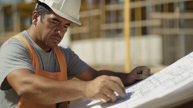 A Hispanic construction worker checking measurements on blueprints at a site. Featuring focus and problem-solving