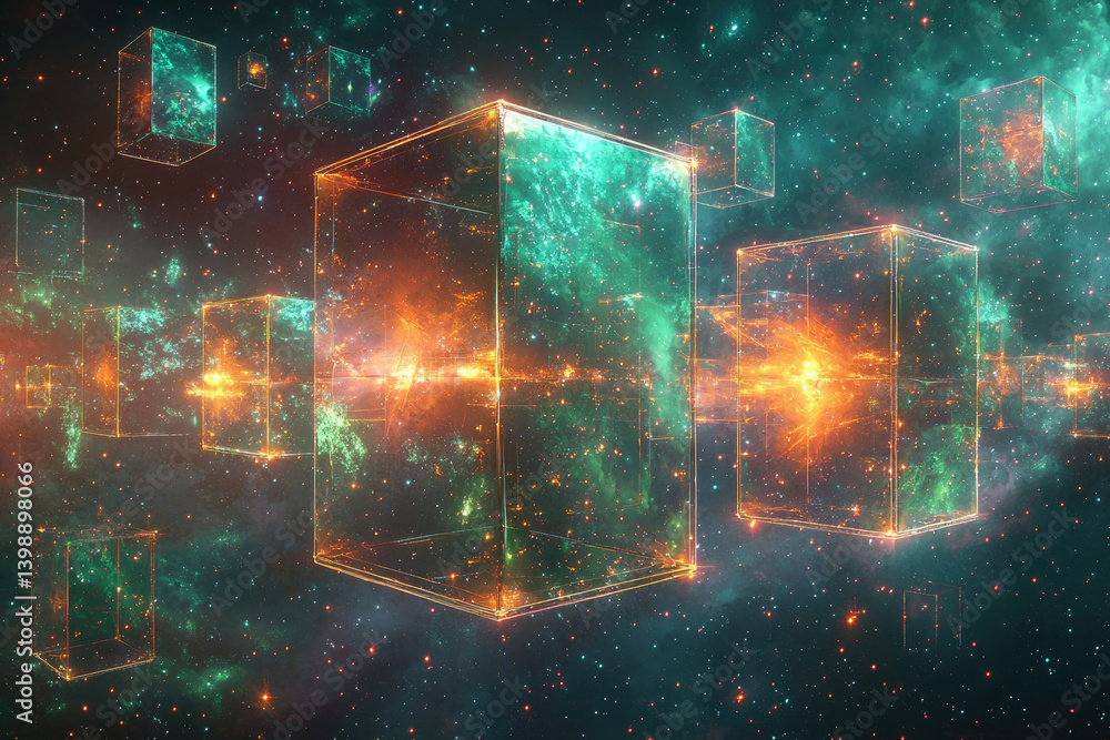 Poster glowing translucent cubes float in a cosmic nebula, creating a surreal and futuristic scene.