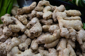 Fototapeta premium Pile of fresh ripe ginger roots for sale on the counter in the greengrocery