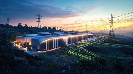 Sunset power grid energy infrastructure landscape at dusk