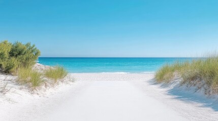 Pristine beach path leads to turquoise ocean. Lush greenery borders the sandy walkway, under a vibrant blue sky