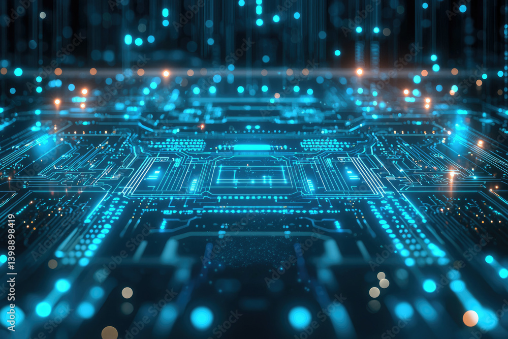 Poster abstract digital circuit board glowing with blue light, representing technological advancement and i