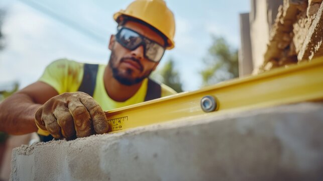 A Hispanic construction worker checking the level of a foundation with a spirit level. Featuring accuracy and focus