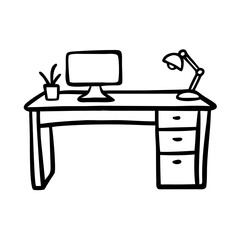 Minimalist corner desk icon with lamp and plant, workspace concept