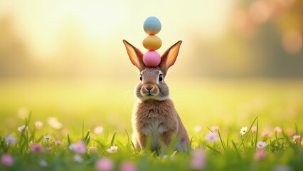 Bunny balancing colorful eggs in sunny spring meadow, a festive celebration.