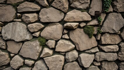 Fototapeta premium Natural Stone Wall with Irregular Rocks and Green Moss