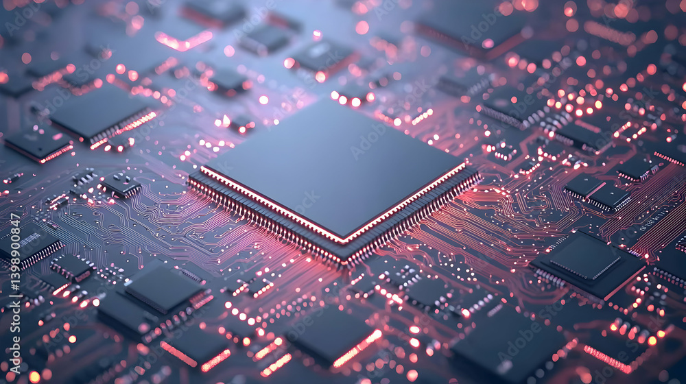 Poster close up of glowing circuit board with microchip